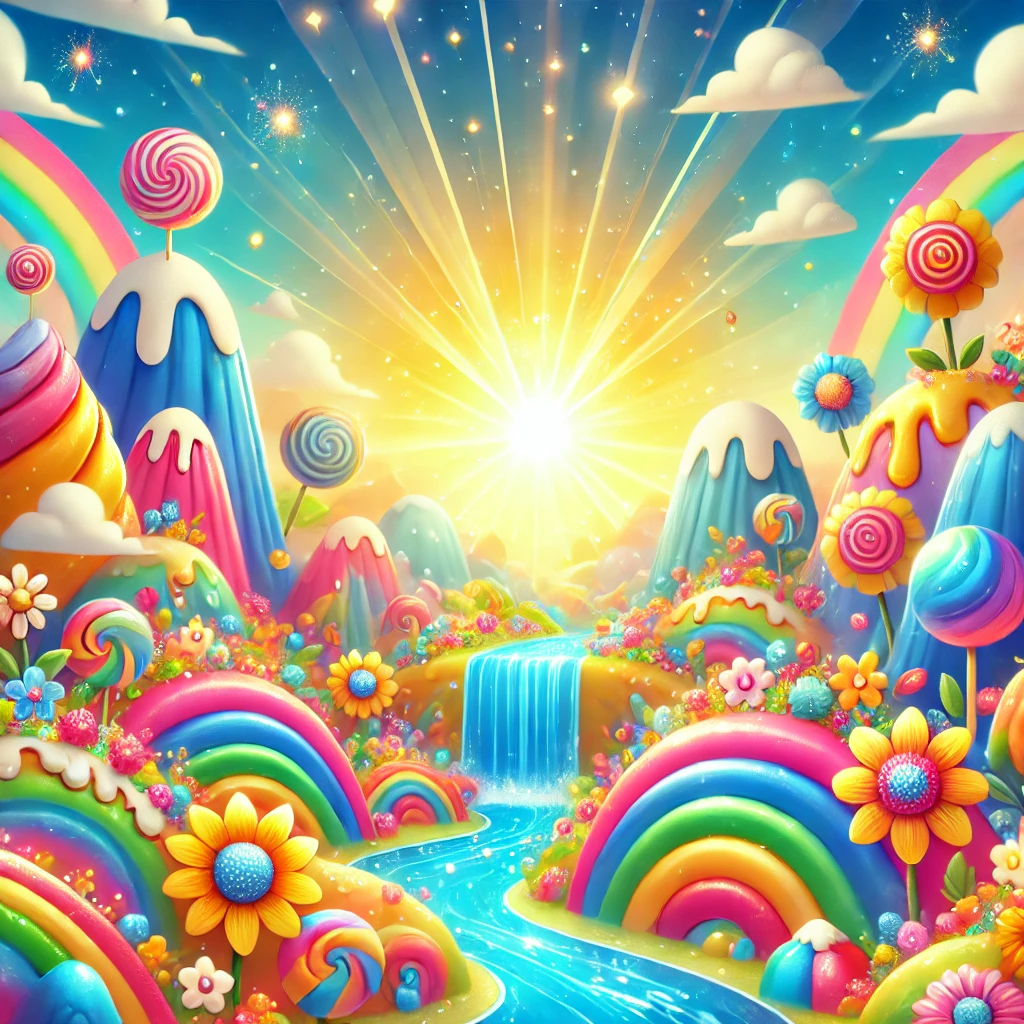 Colorful rainbow landscape with flowers and sunshine