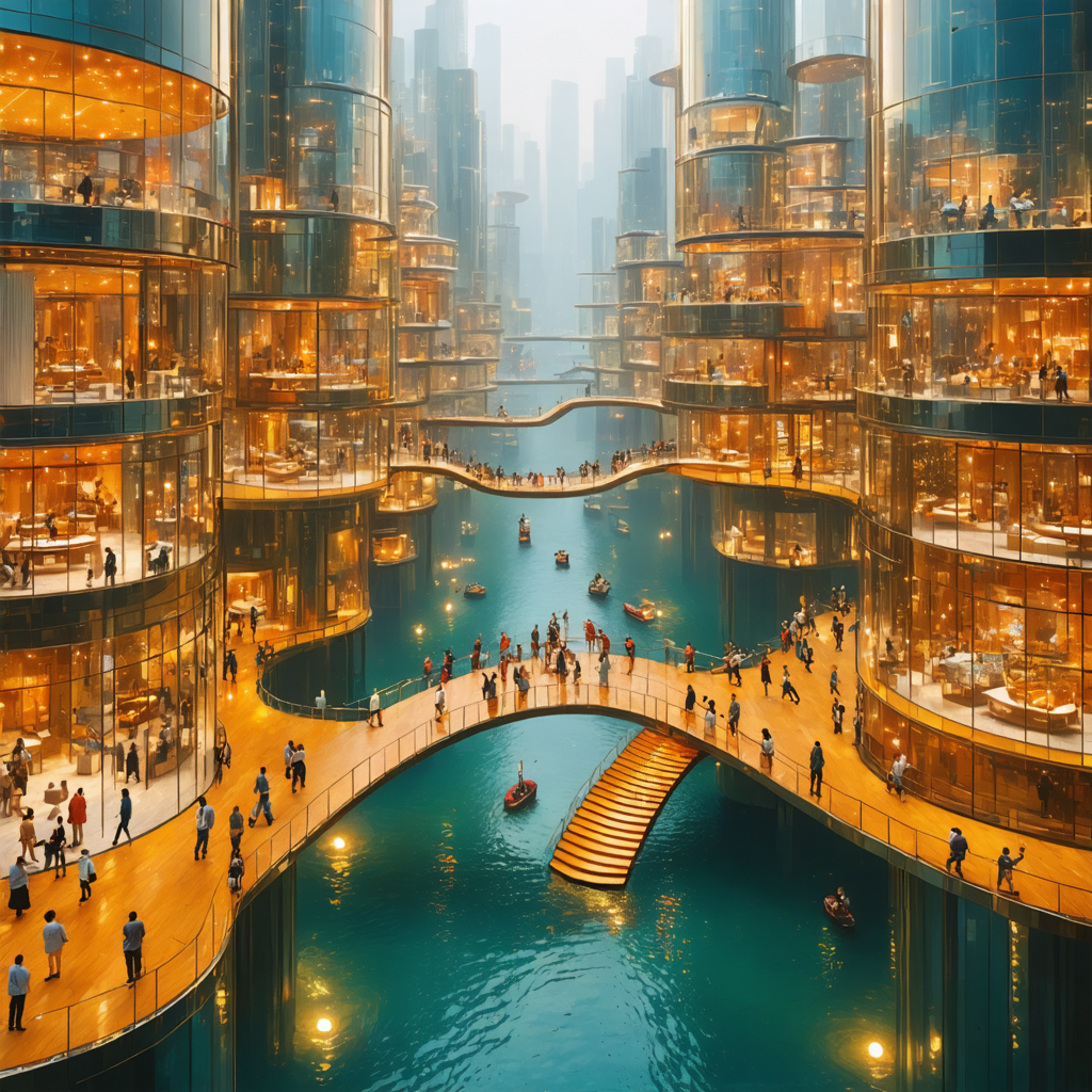 Vibrant golden waterfront city at sunset