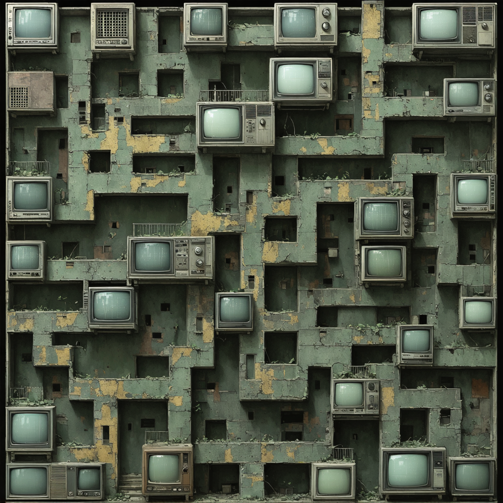 Wall of stacked vintage television sets
