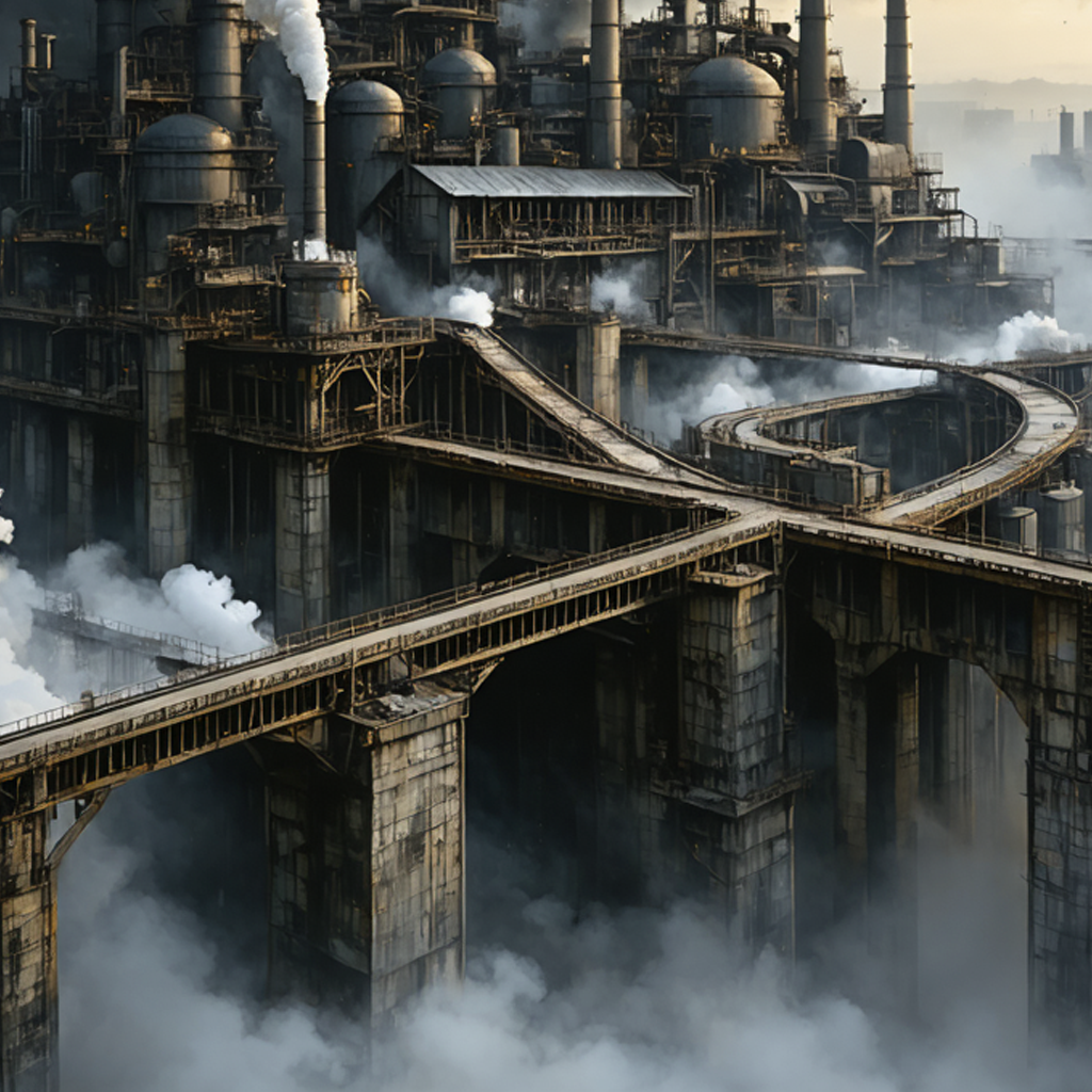 Dark industrial ruins in fog