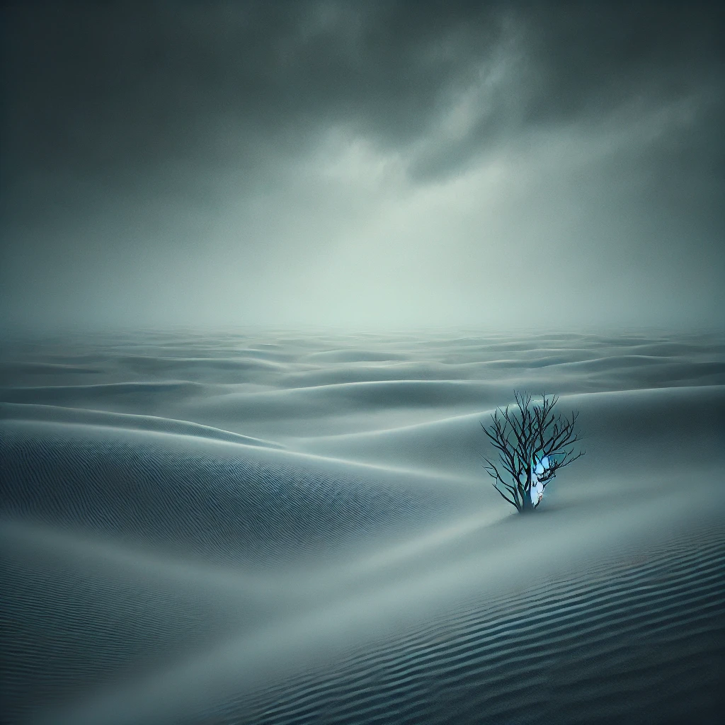 Lone figure walking through a vast snowy landscape