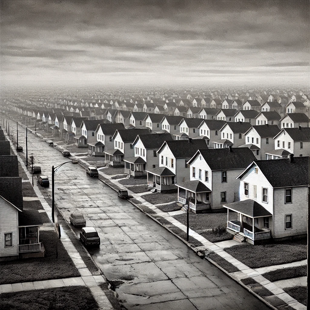Rows of identical white houses stretching into the distance