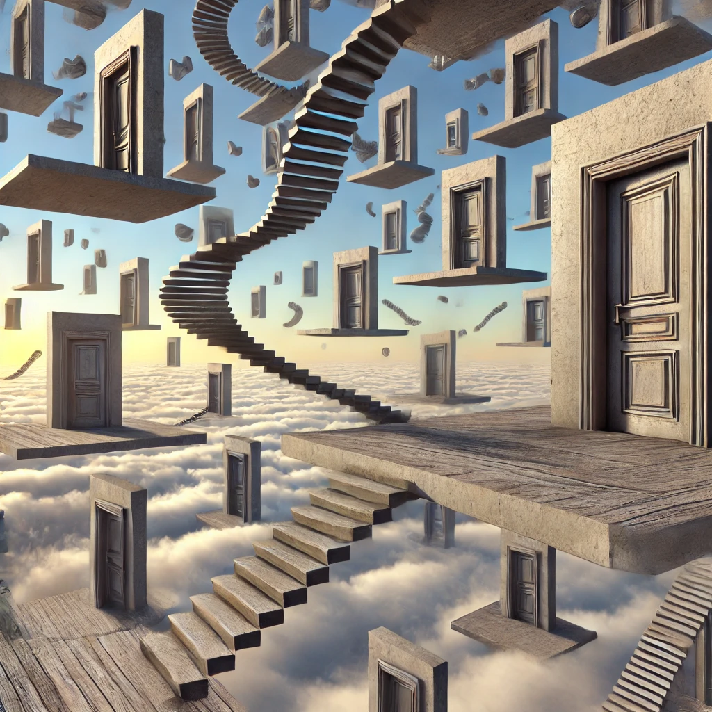 Surreal cityscape with floating hot air balloons and staircases
