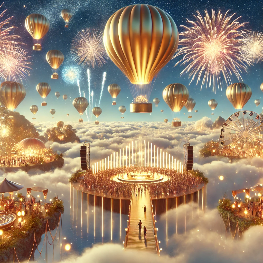 Golden floating islands above clouds