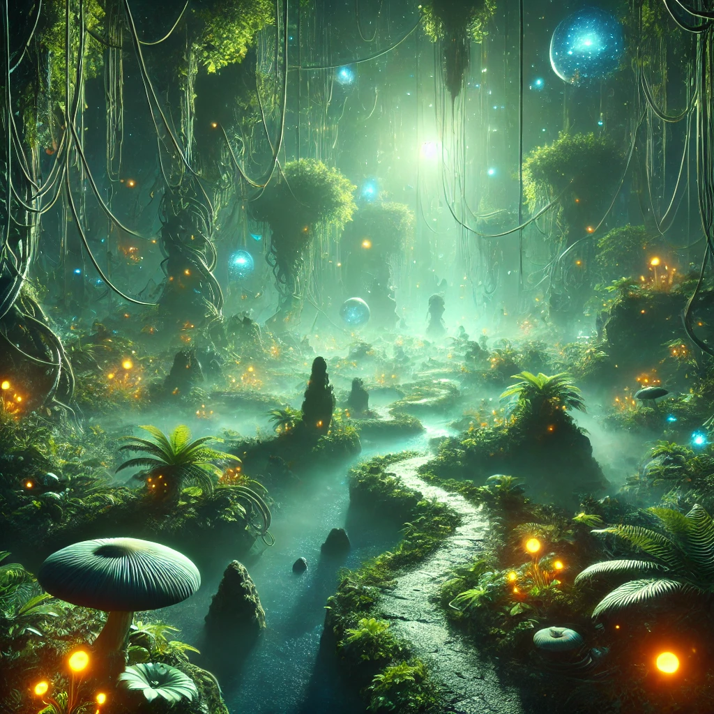 Lush green enchanted forest scene