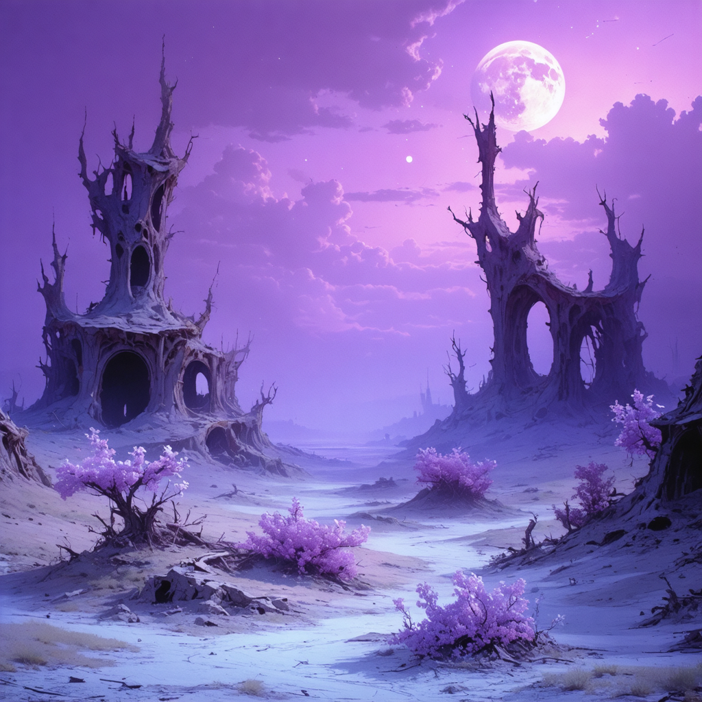 Purple fantasy landscape with mysterious creatures