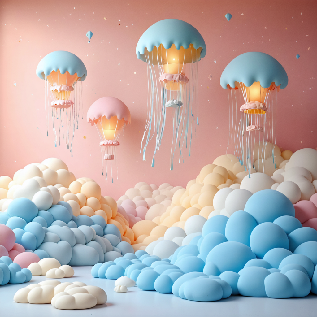 Soft pastel scene with jellyfish and clouds